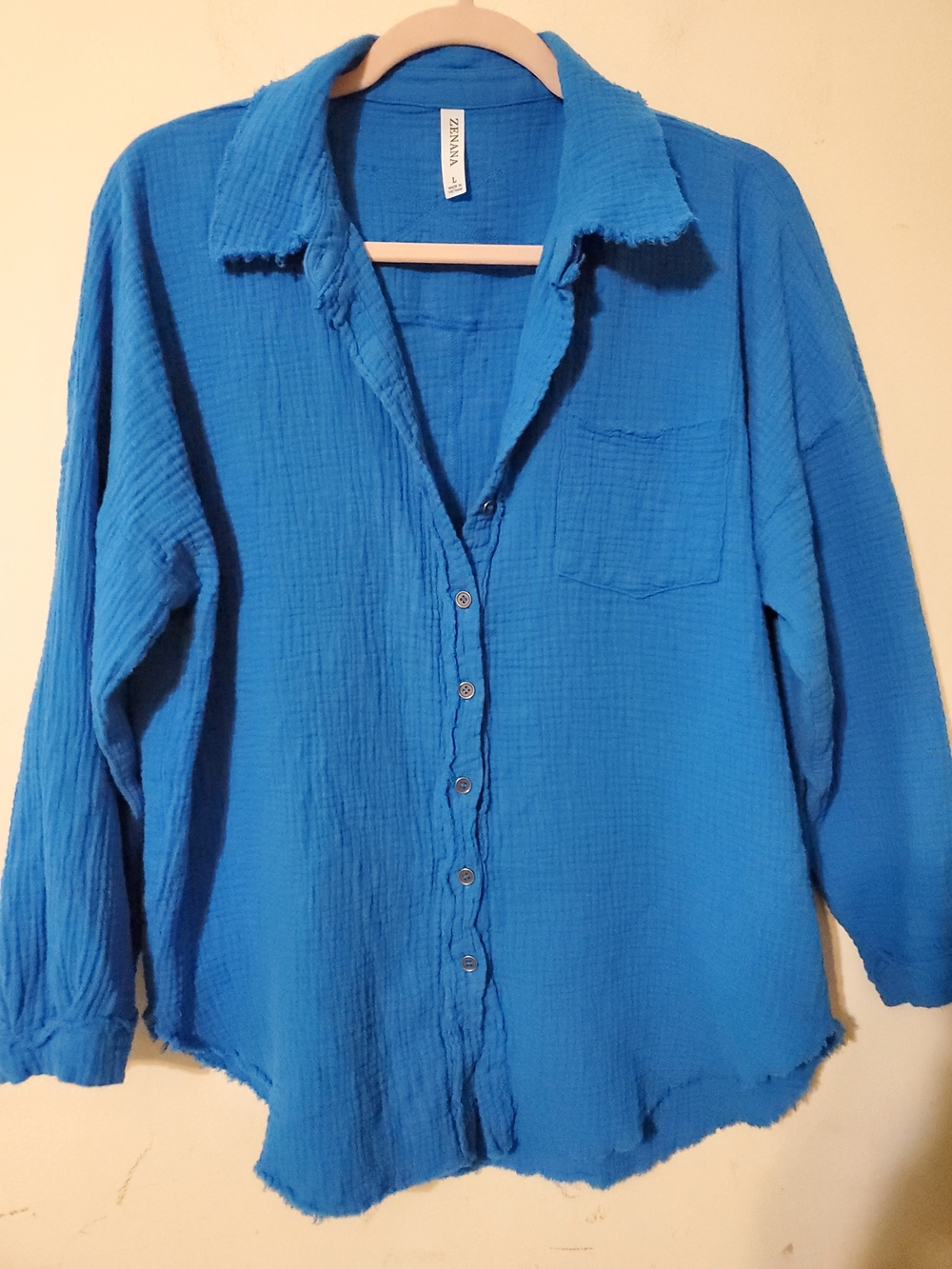 Textured Raw Edge Blue Button-Front Gauze Shirt Oversized Beach Cover Up